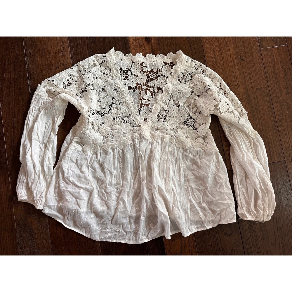Free People White Lace Floral Swiss Dot Long Sleeve Boho Blouse Top XS